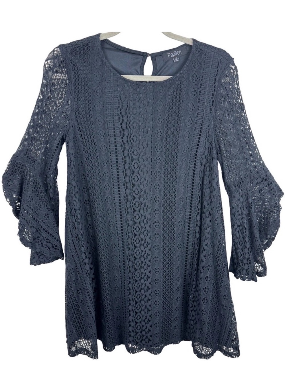 Papillon Womens Black Lace Shift Mini Dress Tunic Bell Sleeve Boho Cocktail M